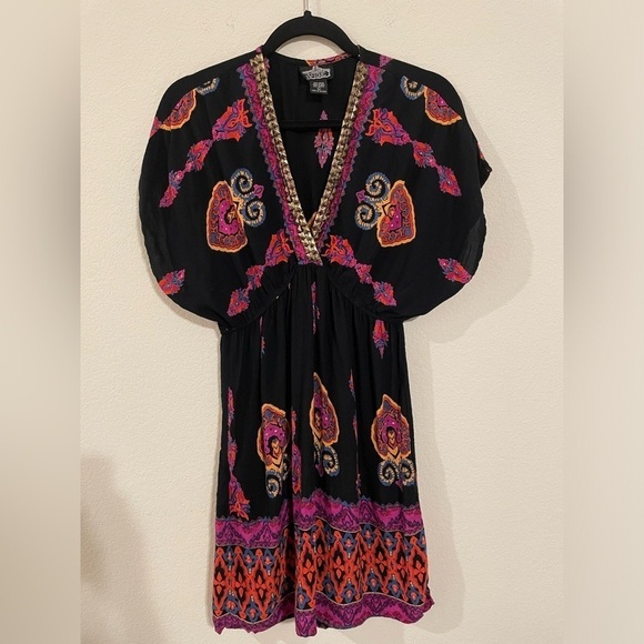 Angie Women Mini Dress Large Black Floral Colorful Paisley Bohemian Contemporary - Picture 1 of 11